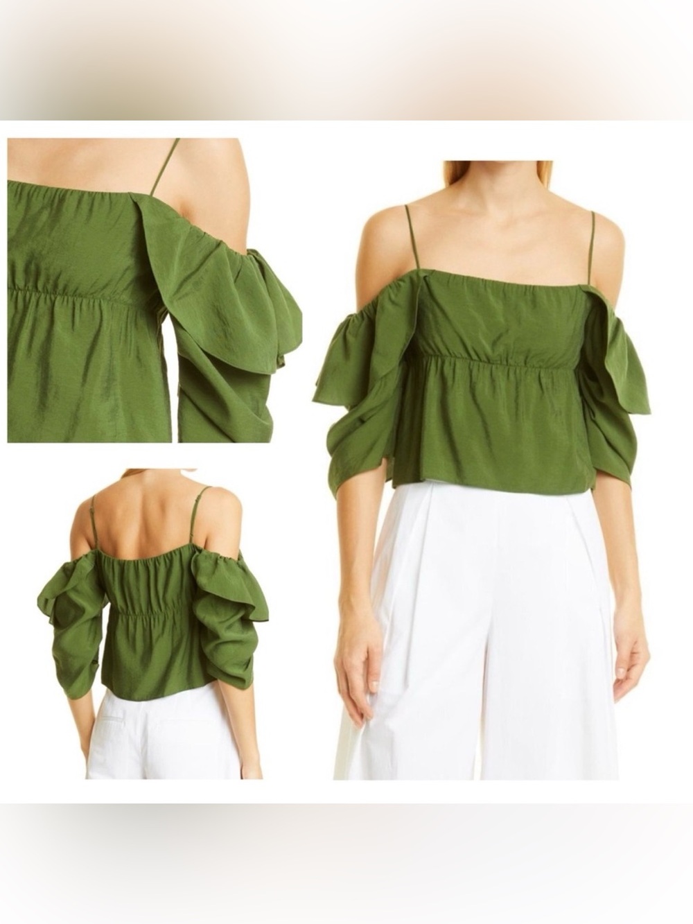 Vince Womens Paneled Cold Shoulder Tiered Ruffle Sleeve Relaxed Fit Green Top M